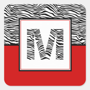 Black & White Zebra Print Monogram Red Square Sticker
