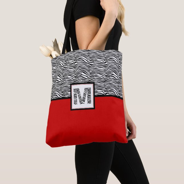 Black & White Zebra Print Monogram | Red Tote Bag (Close Up)