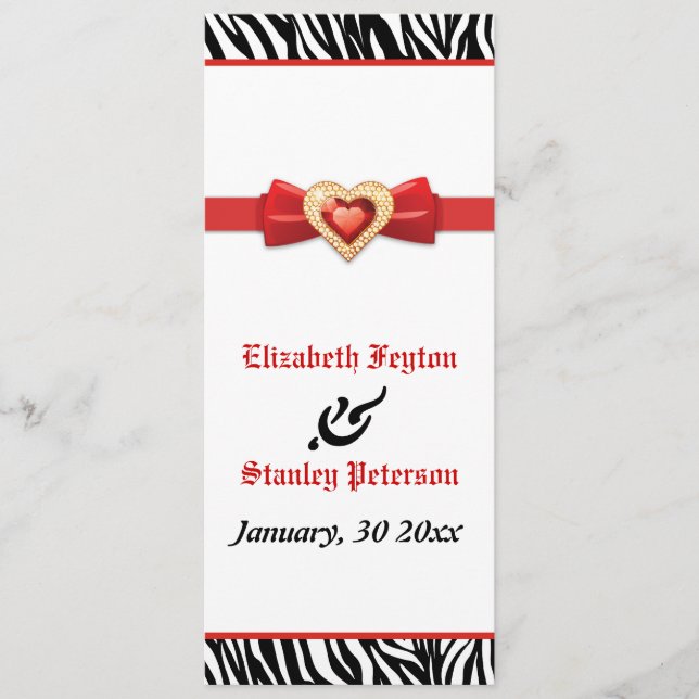 Black white zebra print, red jewel wedding program (Front)