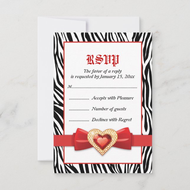Black white zebra print & red jewel wedding RSVP (Front)