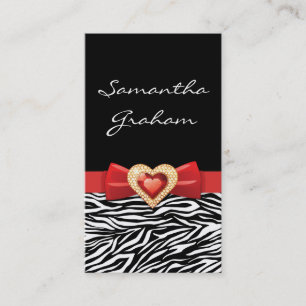 Black white zebra print with red bow and jewel business card