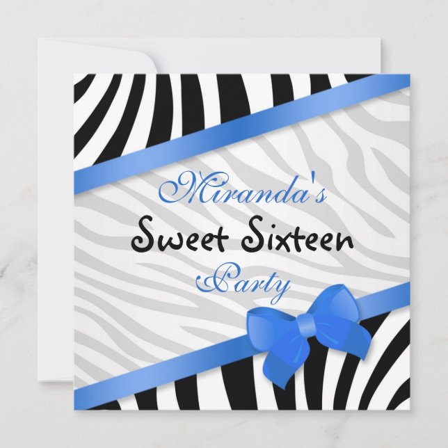 Black white zebra, printed blue ribbon  Sweet 16 Invitation (Front)