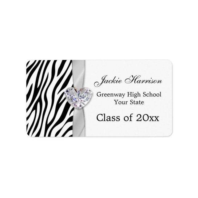 Black white zebra ribbon, heart Graduation Label (Front)