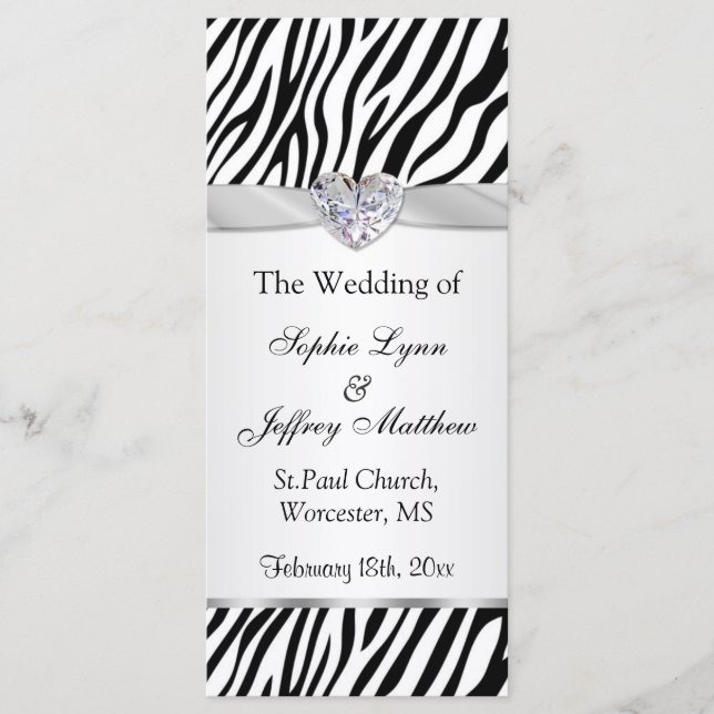 Black white zebra, ribbon, jewel Wedding Program (Front)