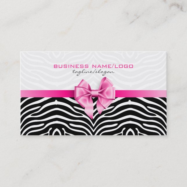 Black & White Zebra Stripes With Pink Bow 2 Business Card (Front)