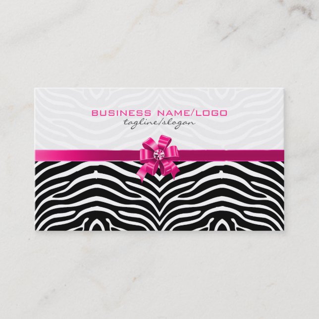Black & White Zebra Stripes With Pink Bow Business Card (Front)