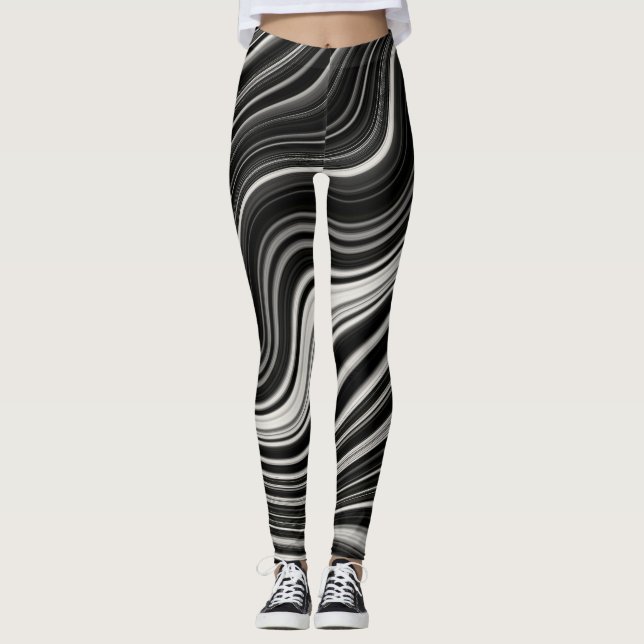 Black & White Zebra Wavy Abstraction Leggings (Front)
