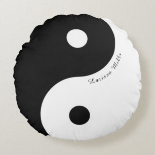 black/white zen Yin-Yang symbol with name Round Cushion