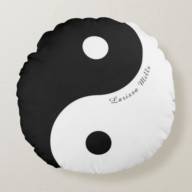 black/white zen Yin-Yang symbol with name Round Cushion (Front)