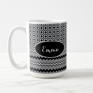 Black & White Zig Zags and Retro Medallion Pattern Coffee Mug