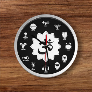 Black & White Zodiac - Vedic Signs with OM Symbol Large Clock