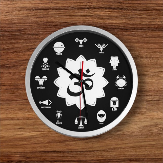 Black & White Zodiac - Vedic Signs with OM Symbol Large Clock (The Power of Time Meets the Spirit of the Signs.)