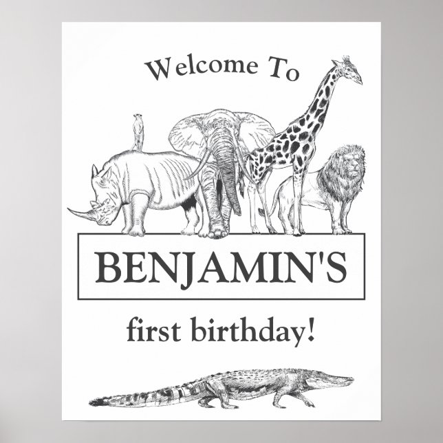 Black & White Zoo Animals Birthday Welcome Sign (Front)