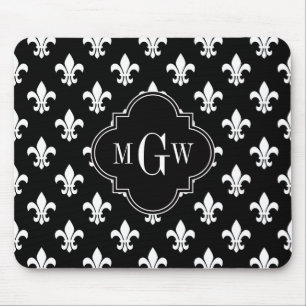 Black Wht Fleur de Lis Black 3 Initial Monogram Mouse Pad