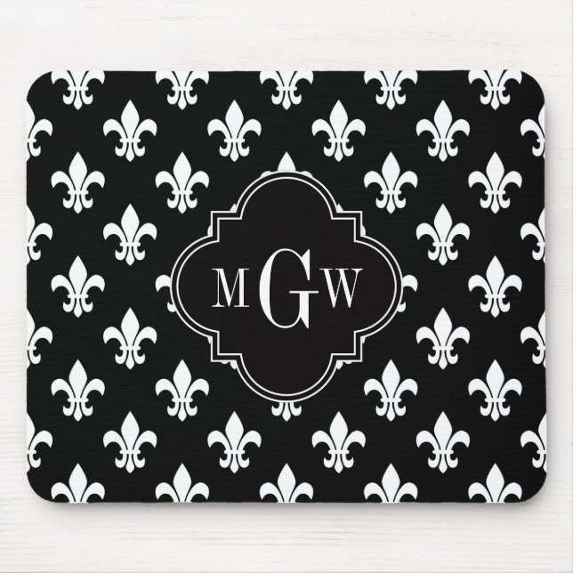 Black Wht Fleur de Lis Black 3 Initial Monogram Mouse Pad (Front)