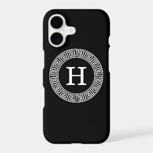 Black Wht Greek Key Rnd Frame Initial Monogram
