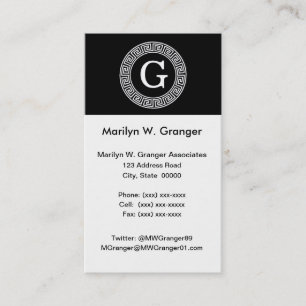 Black Wht Greek Key Rnd Frame Initial Monogram Business Card