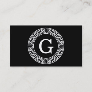 Black Wht Greek Key Rnd Frame Initial Monogram Business Card