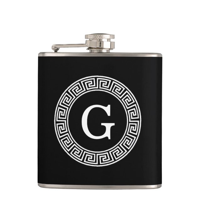 Black Wht Greek Key Rnd Frame Initial Monogram Hip Flask (Front)