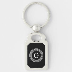 Black Wht Greek Key Rnd Frame Initial Monogram Key Ring