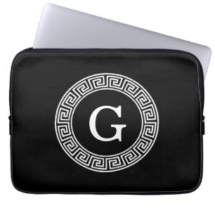 Black Wht Greek Key Rnd Frame Initial Monogram Laptop Sleeve