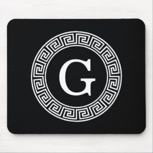 Black Wht Greek Key Rnd Frame Initial Monogram Mouse Pad