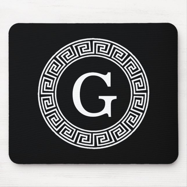 Black Wht Greek Key Rnd Frame Initial Monogram Mouse Pad (Front)