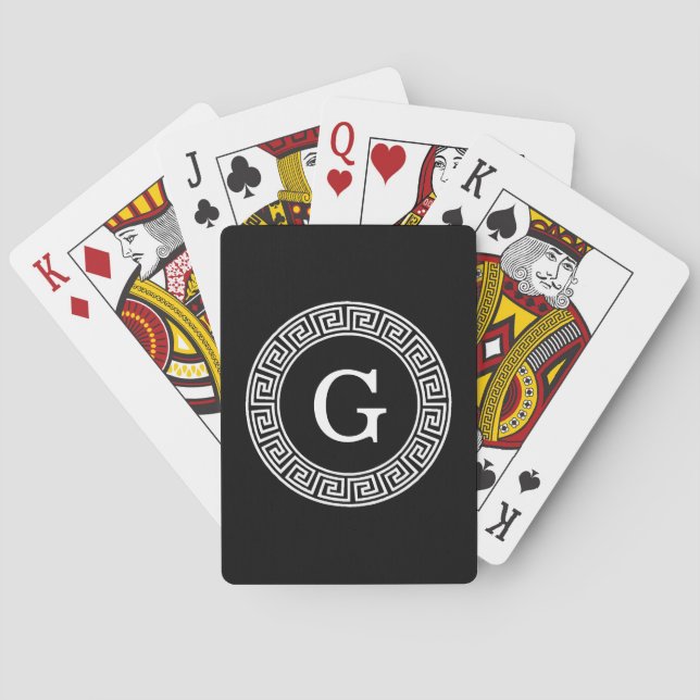 Black Wht Greek Key Rnd Frame Initial Monogram Playing Cards (Back)
