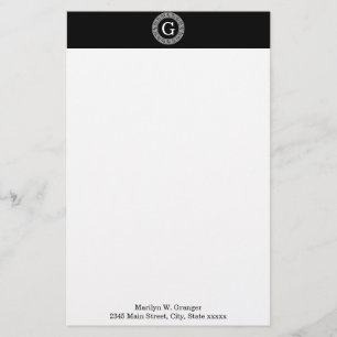 Black Wht Greek Key Rnd Frame Initial Monogram Stationery