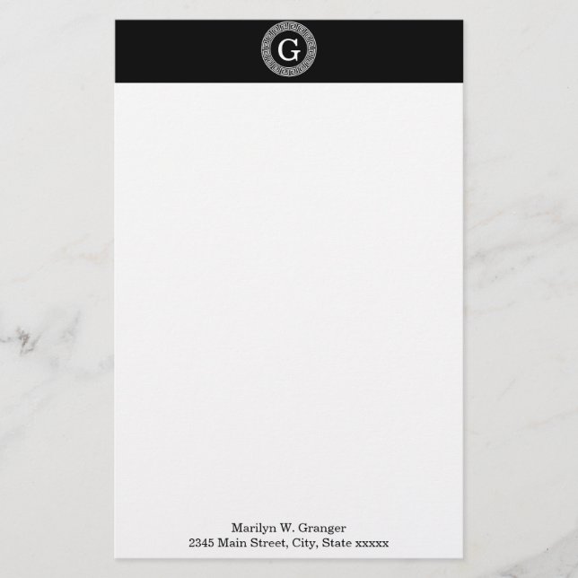 Black Wht Greek Key Rnd Frame Initial Monogram Stationery (Front)
