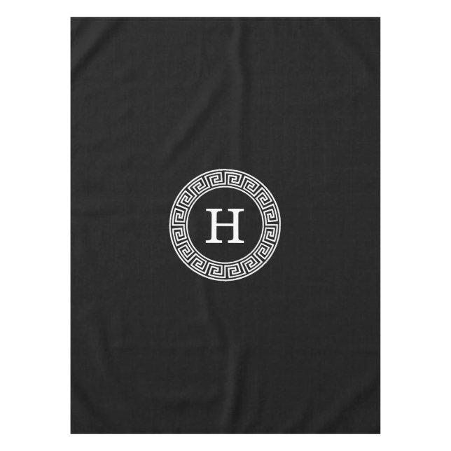 Black Wht Greek Key Rnd Frame Initial Monogram Tablecloth (Front)