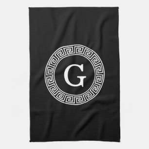 Black Wht Greek Key Rnd Frame Initial Monogram Tea Towel