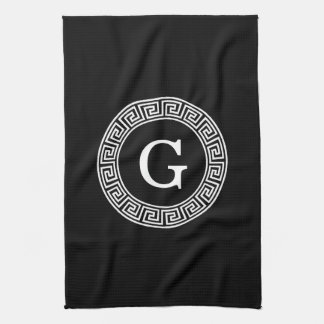 Black Wht Greek Key Rnd Frame Initial Monogram Tea Towel