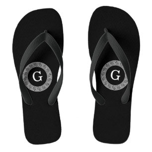 Black Wht Greek Key Rnd Frame Initial Monogram Thongs