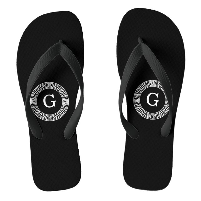 Black Wht Greek Key Rnd Frame Initial Monogram Thongs (Footbed)