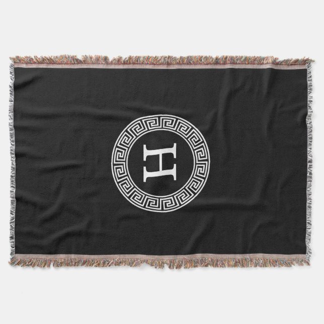 Black Wht Greek Key Rnd Frame Initial Monogram Throw Blanket (Front)