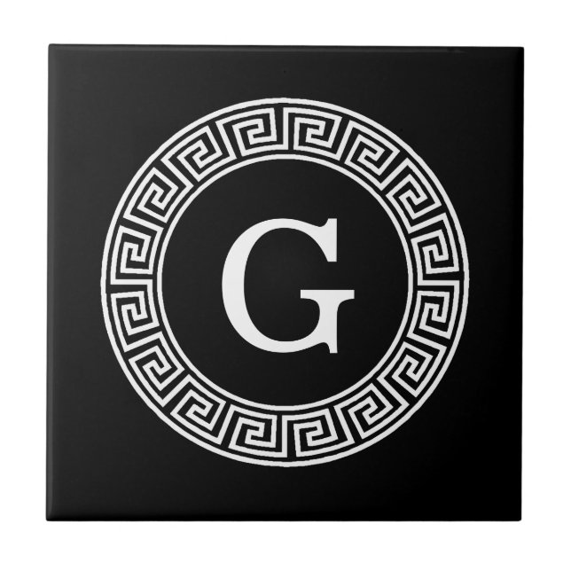 Black Wht Greek Key Rnd Frame Initial Monogram Tile (Front)