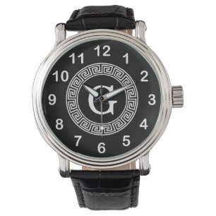 Black Wht Greek Key Rnd Frame Initial Monogram Watch