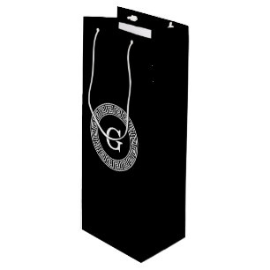 Black Wht Greek Key Rnd Frame Initial Monogram Wine Gift Bag