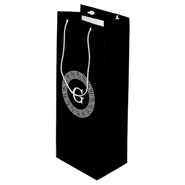 Black Wht Greek Key Rnd Frame Initial Monogram Wine Gift Bag (Front Angled)