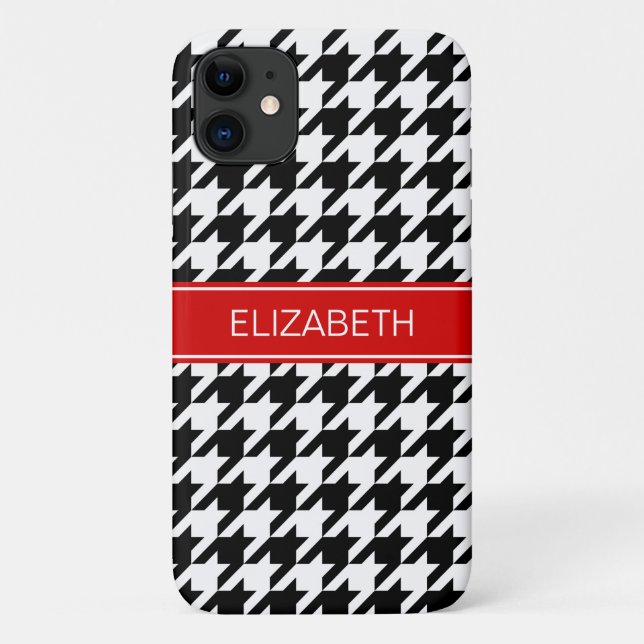 Black Wht Houndstooth #2 Red Name Monogram Case-Mate iPhone Case (Back)