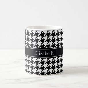 Black Wht Houndstooth Black Name Monogram Coffee Mug