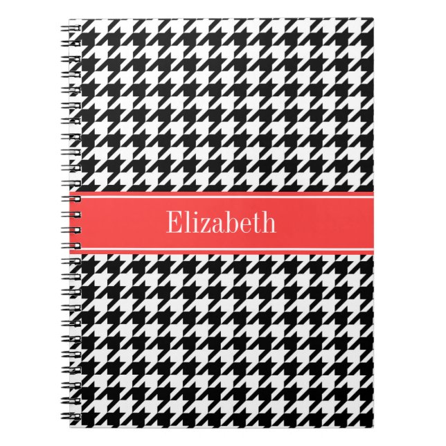 Black Wht Houndstooth Coral Red Name Monogram Notebook (Front)