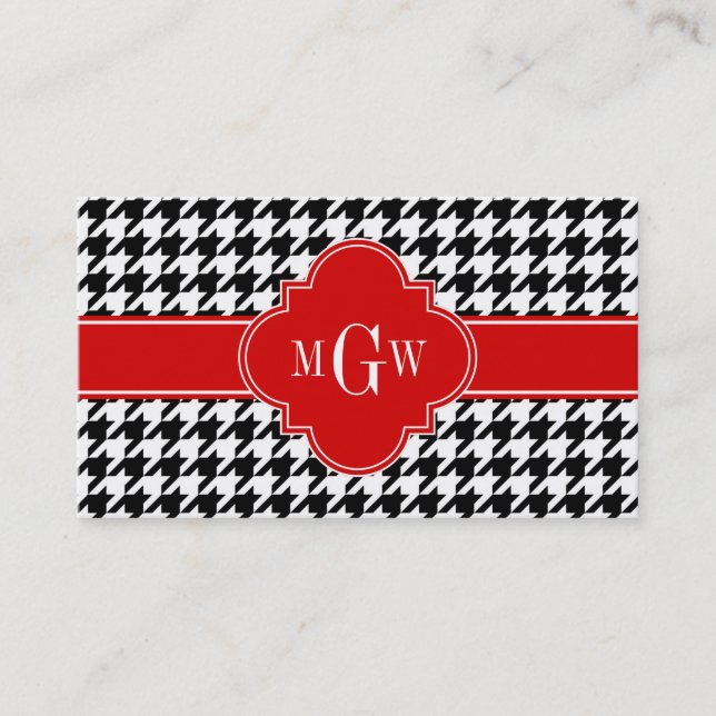 Black Wht Houndstooth Red Quatrefoil 3 Monogram Business Card (Front)