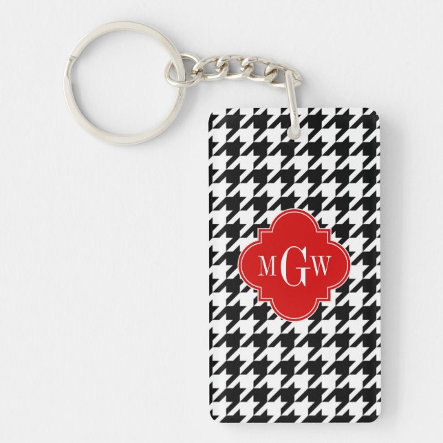 Black Wht Houndstooth Red Quatrefoil 3 Monogram Key Ring (Front)