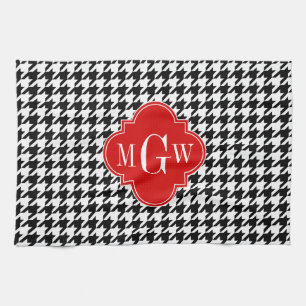 Black Wht Houndstooth Red Quatrefoil 3 Monogram Tea Towel