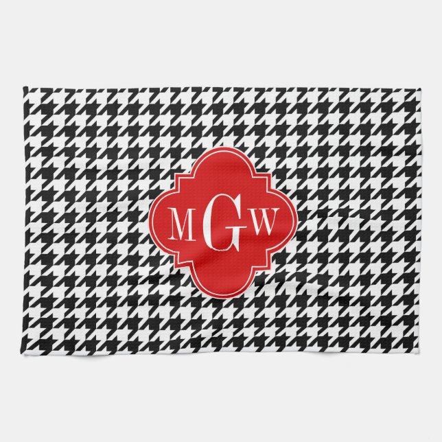 Black Wht Houndstooth Red Quatrefoil 3 Monogram Tea Towel (Horizontal)