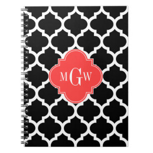 Black Wht Moroccan #5 Coral Red 3 Initial Monogram Notebook