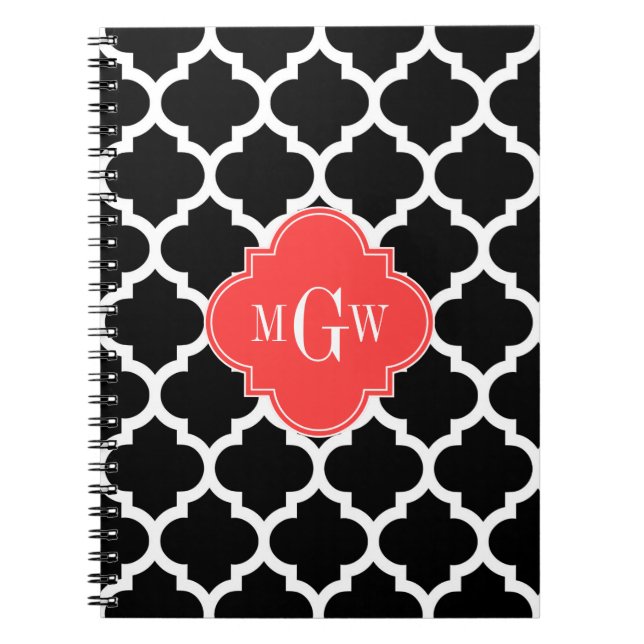 Black Wht Moroccan #5 Coral Red 3 Initial Monogram Notebook (Front)