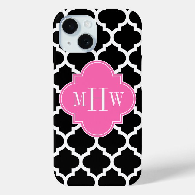 Black Wht Moroccan #5 Hot Pink #2 Name Monogram Case-Mate iPhone Case (Back)